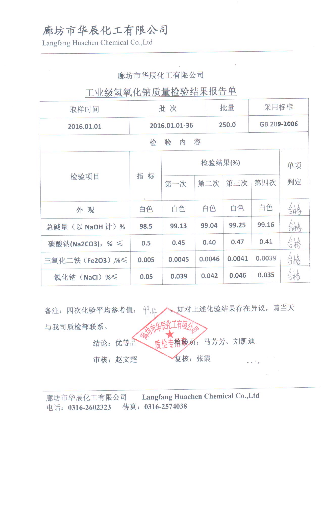 華辰堿業(yè)99%片堿檢驗報告